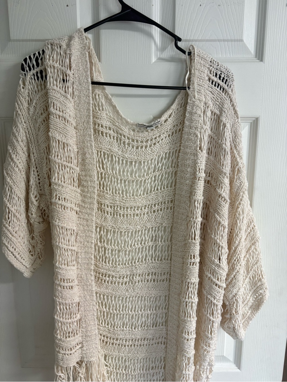 American Eagle Outfitters Cream Open Knit Fringe Cardigan